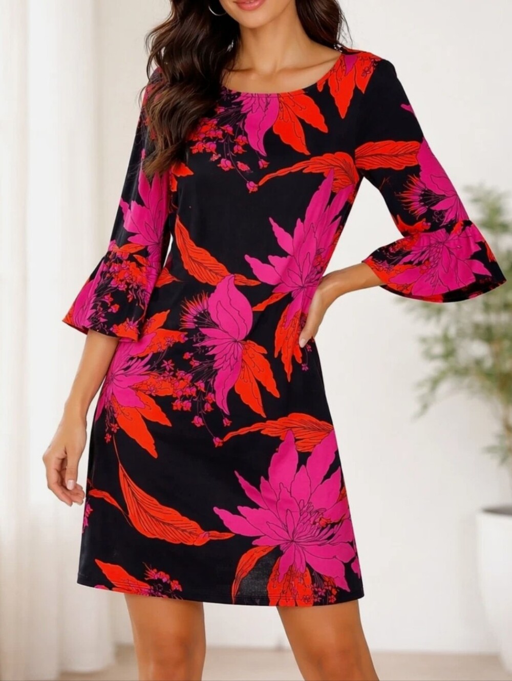 JULIE BROWN FLORAL DRESS WITH BELL SLEEVES